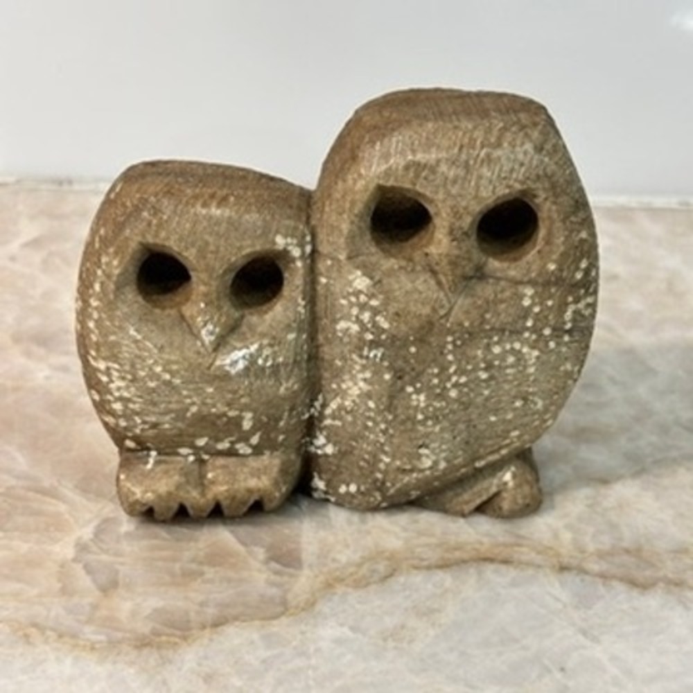 Vintage Hand Carved Soapstone Owls Figurine Pair Folk Art Sculpture 3"